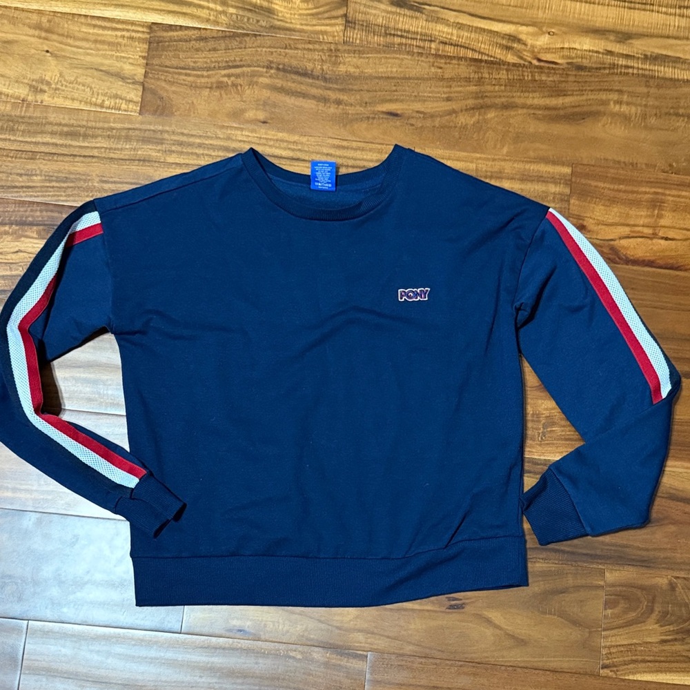 Pony, Navy Blue Sweater with Red and White Stripes, small, EUC